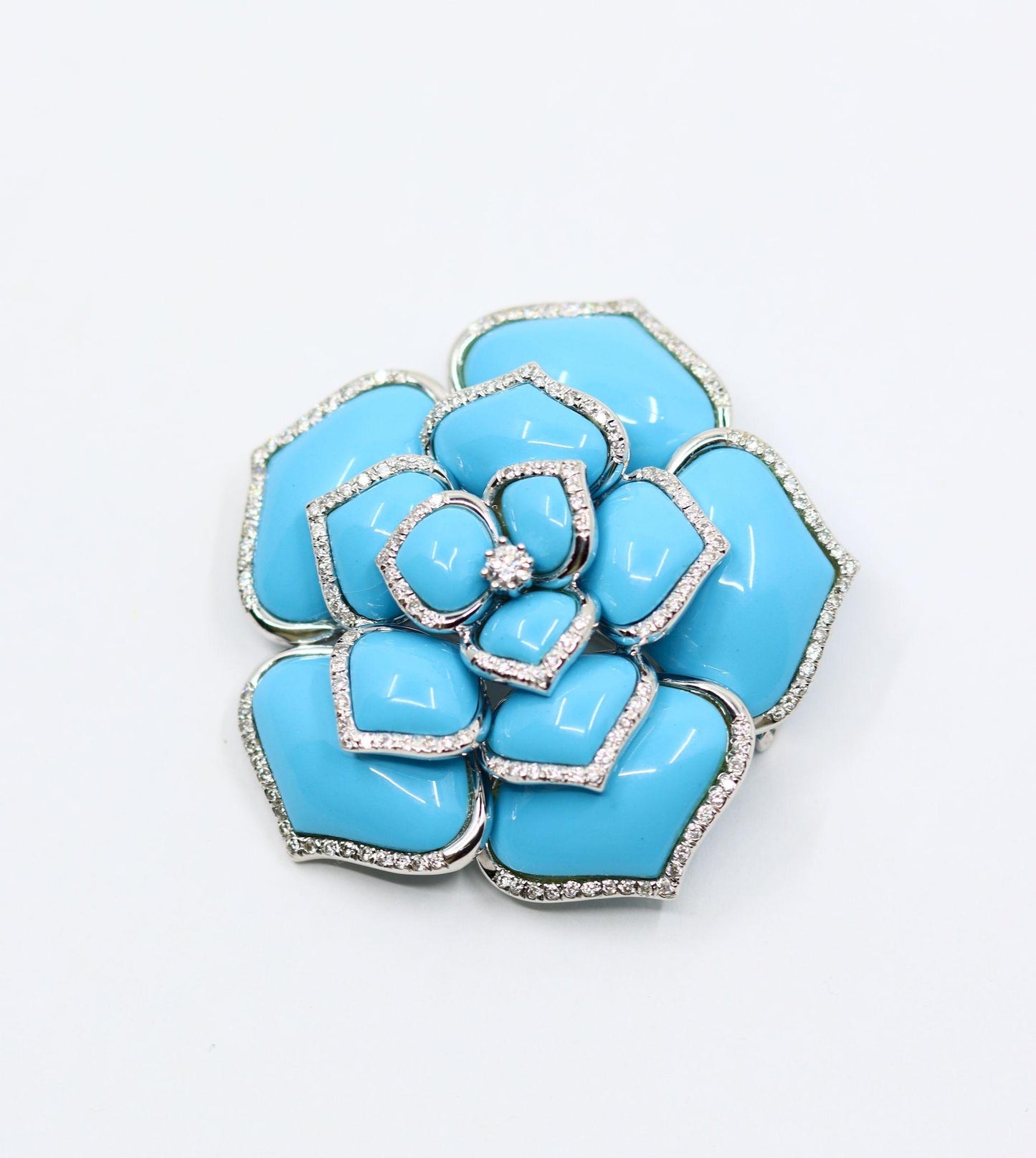 Diamond Turquoise 18K White Gold Flower Brooch