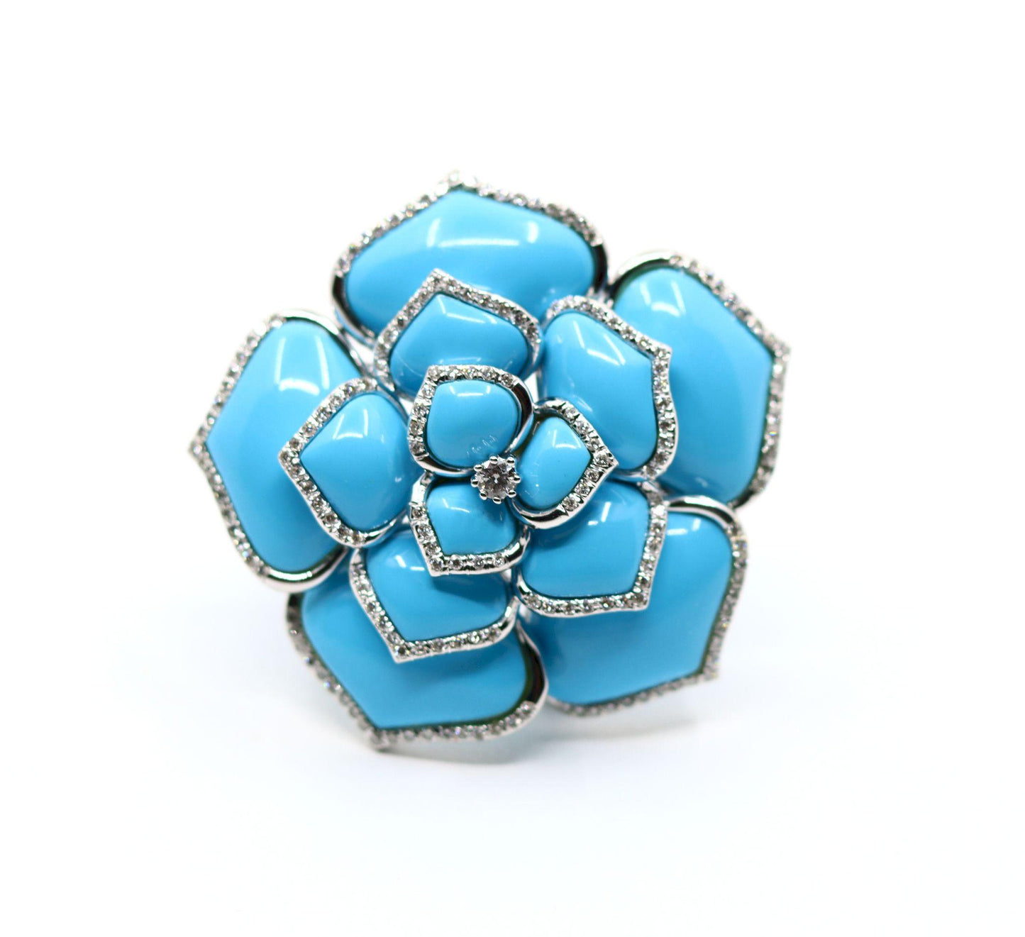 Diamond Turquoise 18K White Gold Flower Brooch