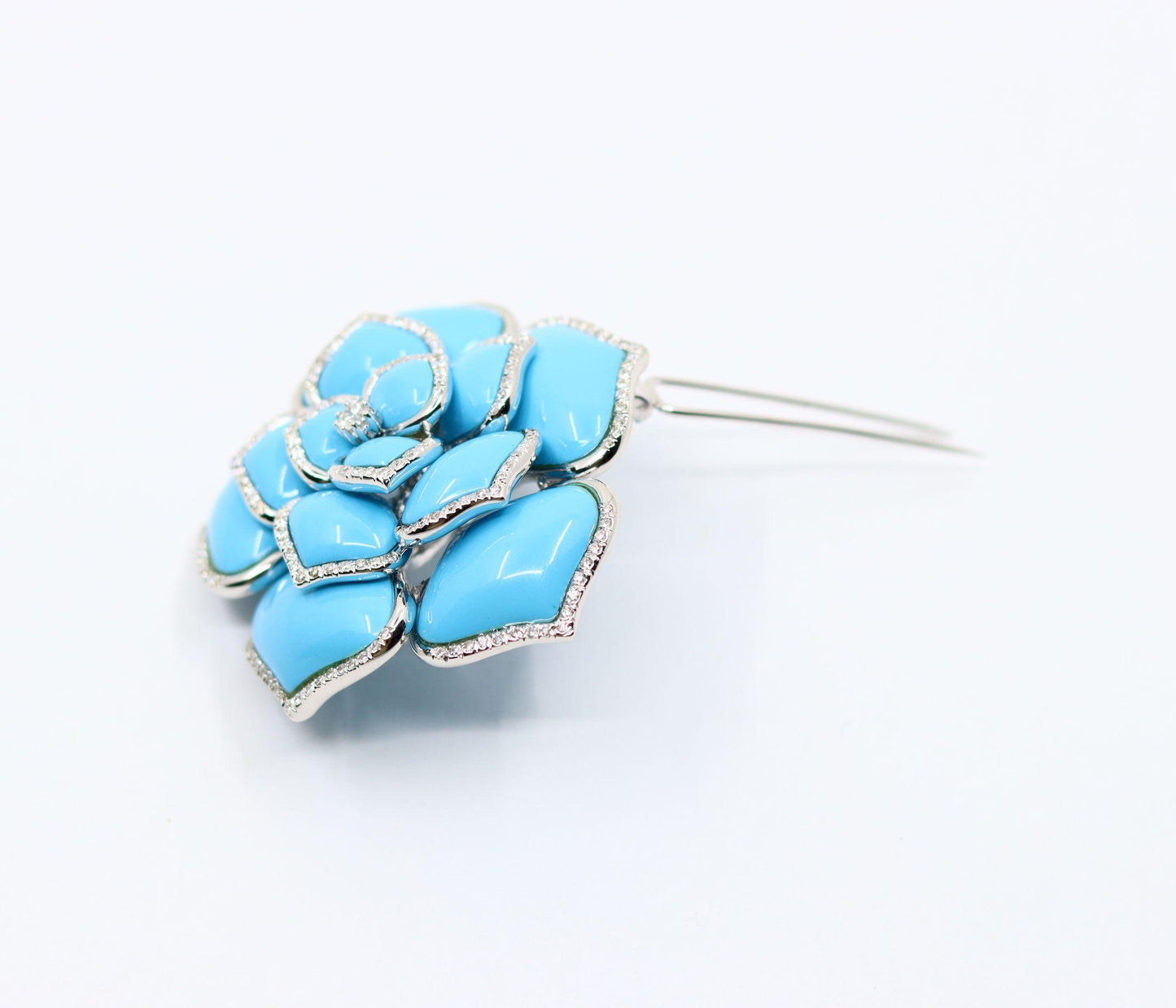 Diamond Turquoise 18K White Gold Flower Brooch