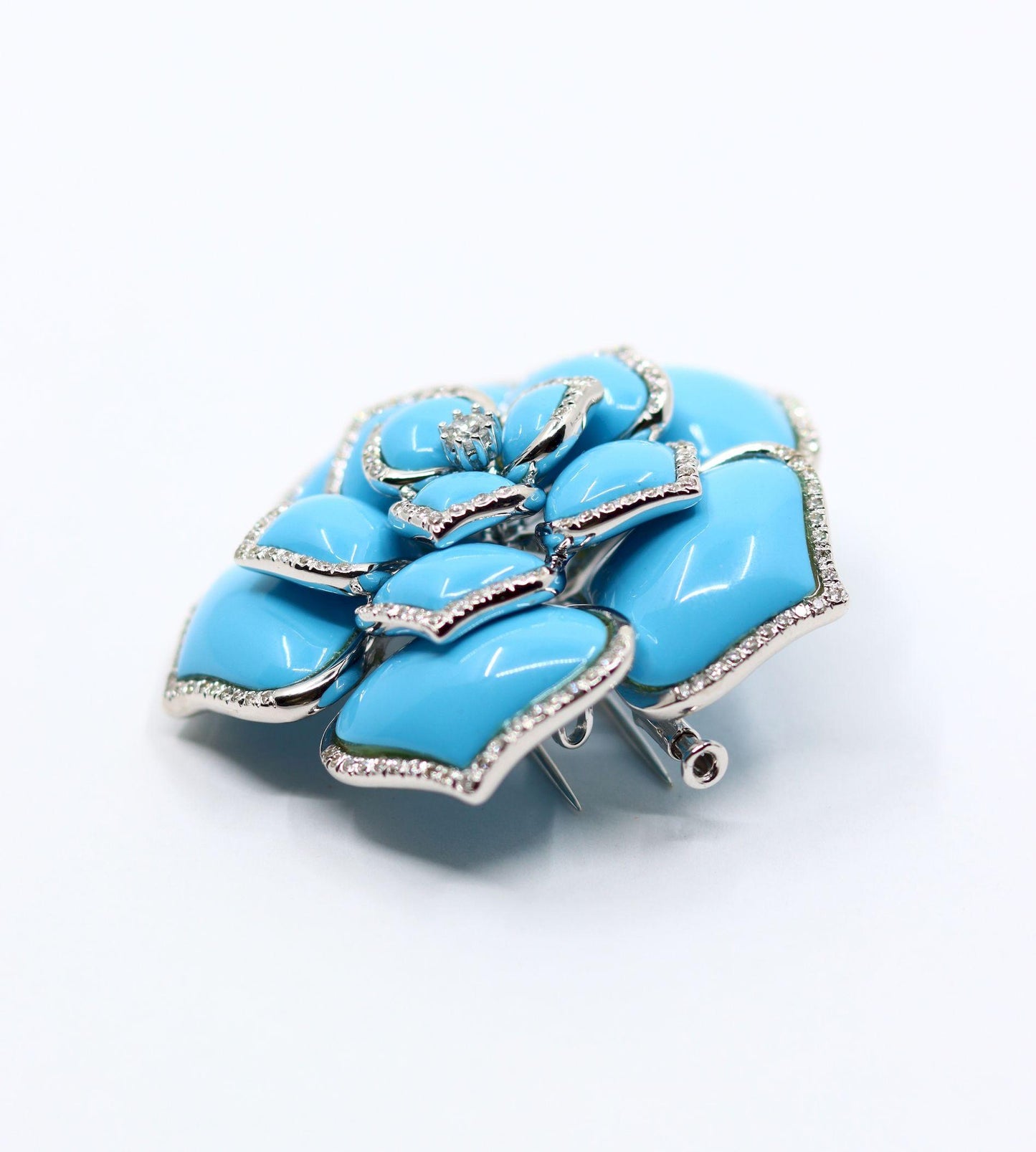 Diamond Turquoise 18K White Gold Flower Brooch