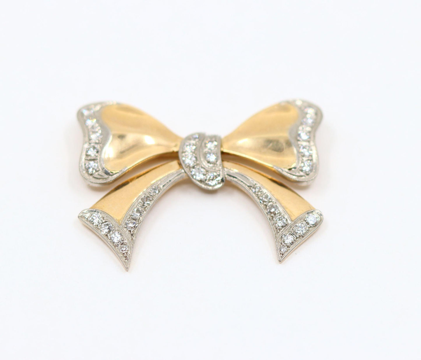 1940's Retro 14K Gold Diamond Bow-Tie Brooch