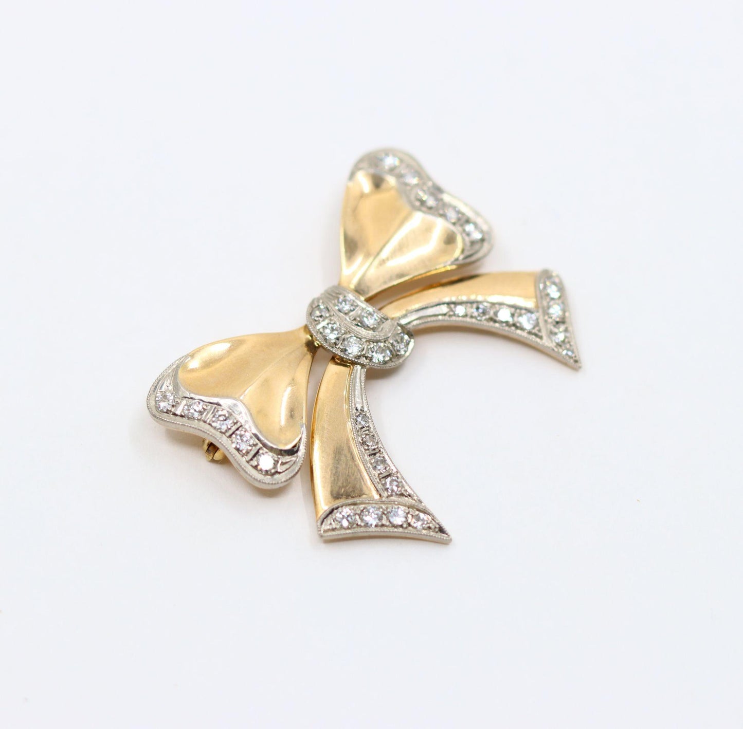 1940's Retro 14K Gold Diamond Bow-Tie Brooch