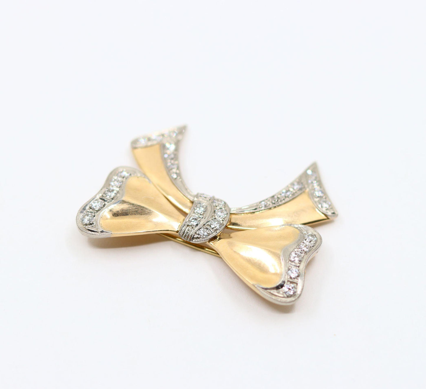 1940's Retro 14K Gold Diamond Bow-Tie Brooch