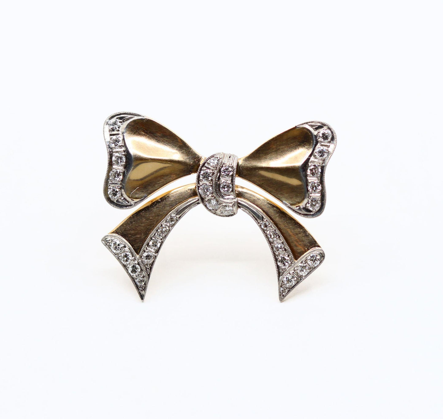 1940's Retro 14K Gold Diamond Bow-Tie Brooch