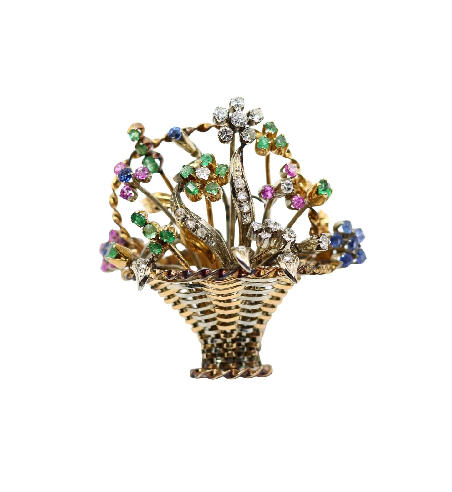 Vintage 18k Gold Diamond Sapphire Emerald Flower Basket Brooch