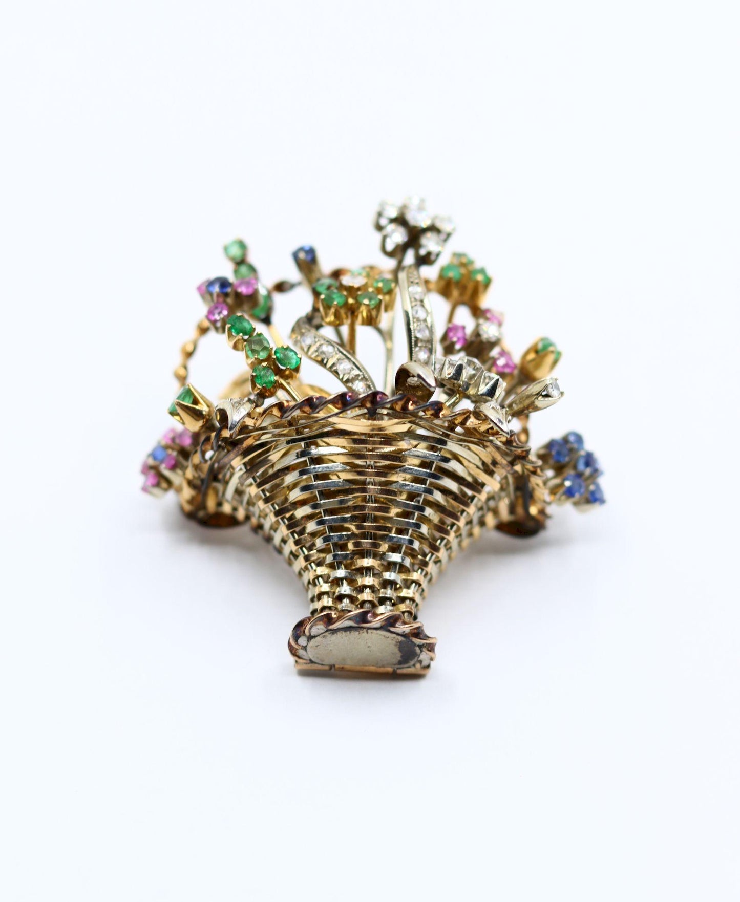 Vintage 18k Gold Diamond Sapphire Emerald Flower Basket Brooch