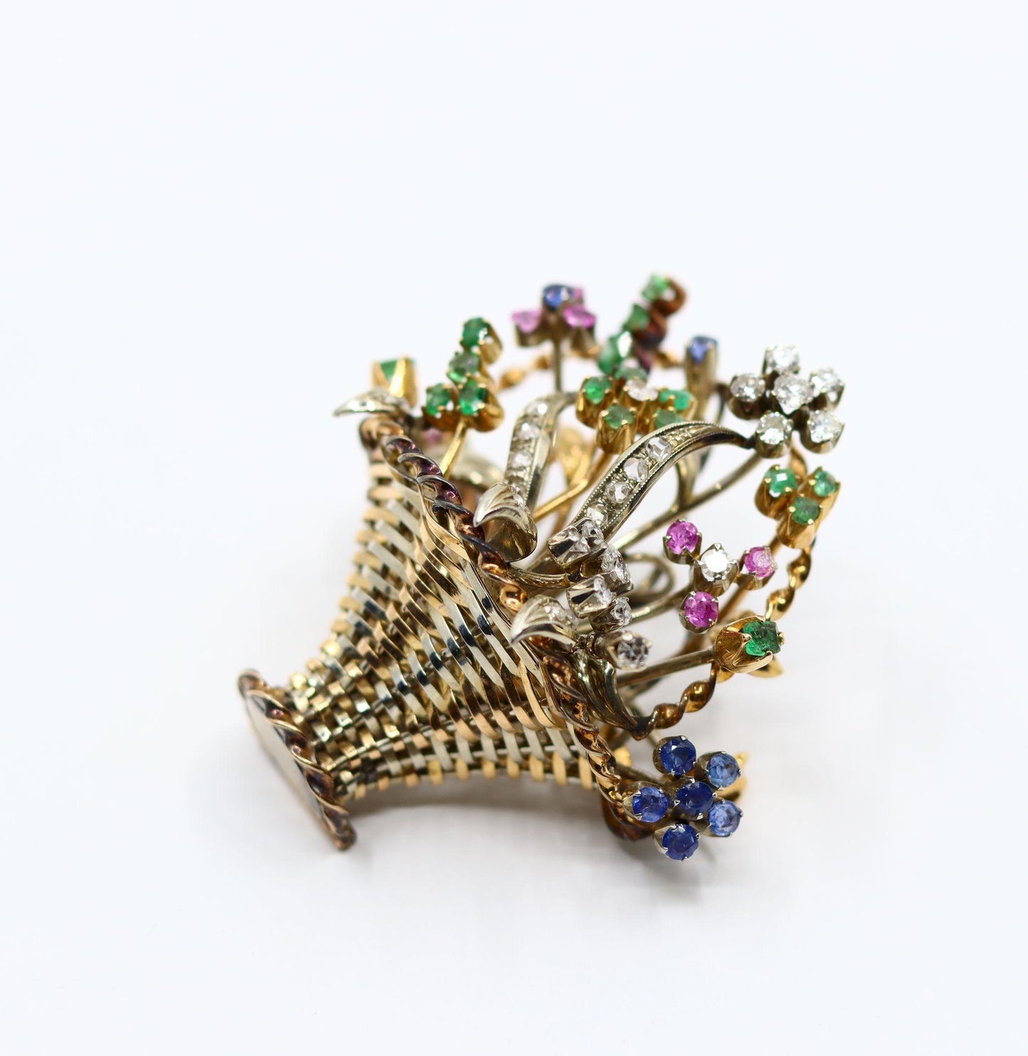Vintage 18k Gold Diamond Sapphire Emerald Flower Basket Brooch