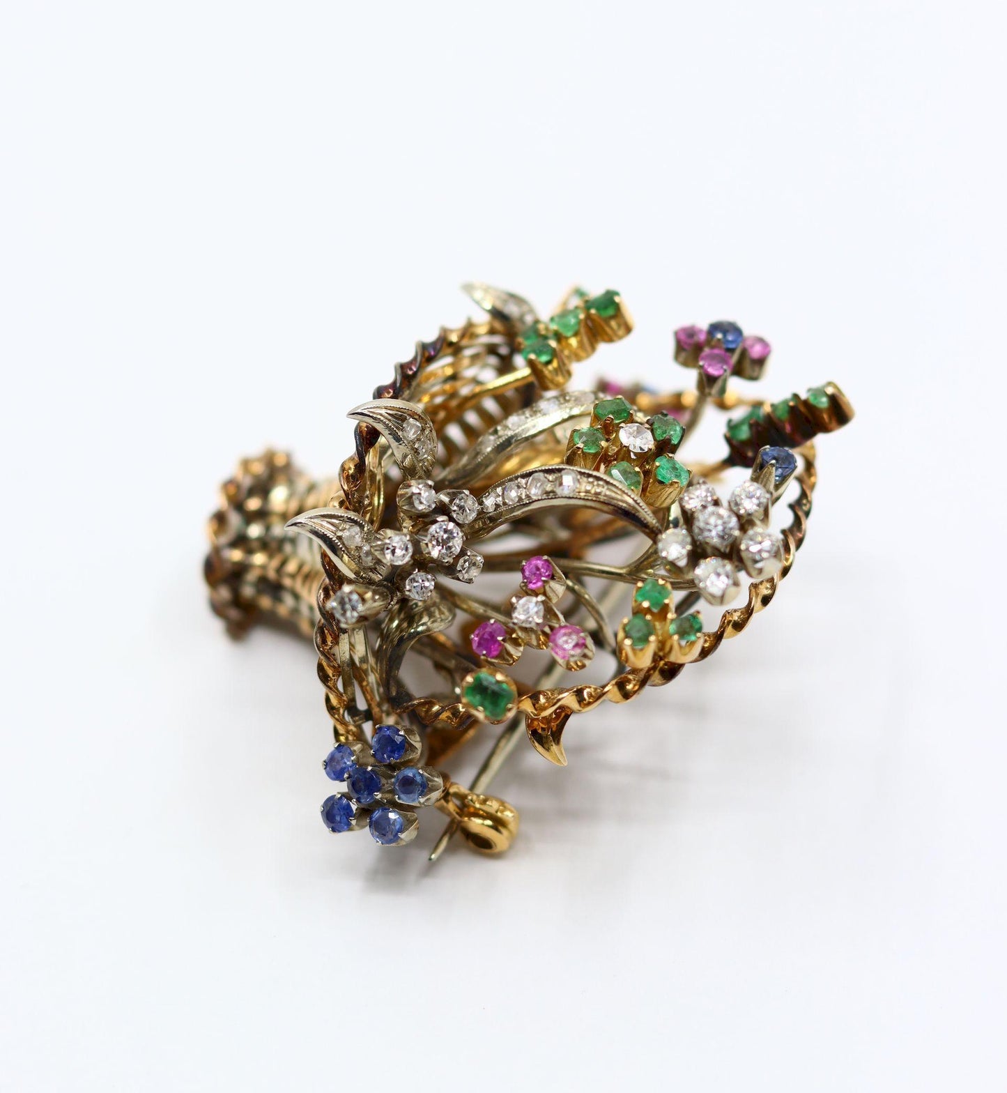 Vintage 18k Gold Diamond Sapphire Emerald Flower Basket Brooch