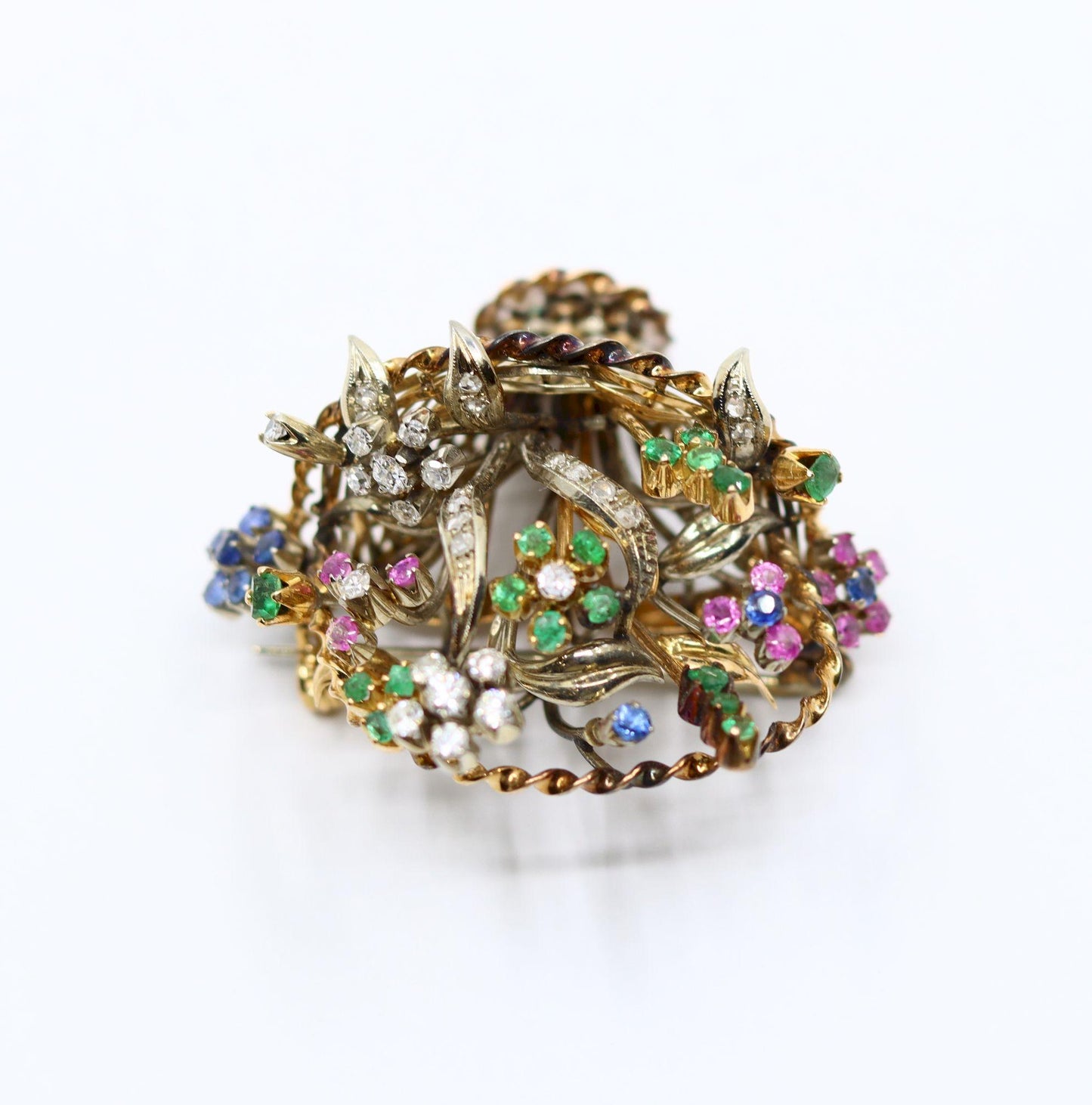 Vintage 18k Gold Diamond Sapphire Emerald Flower Basket Brooch