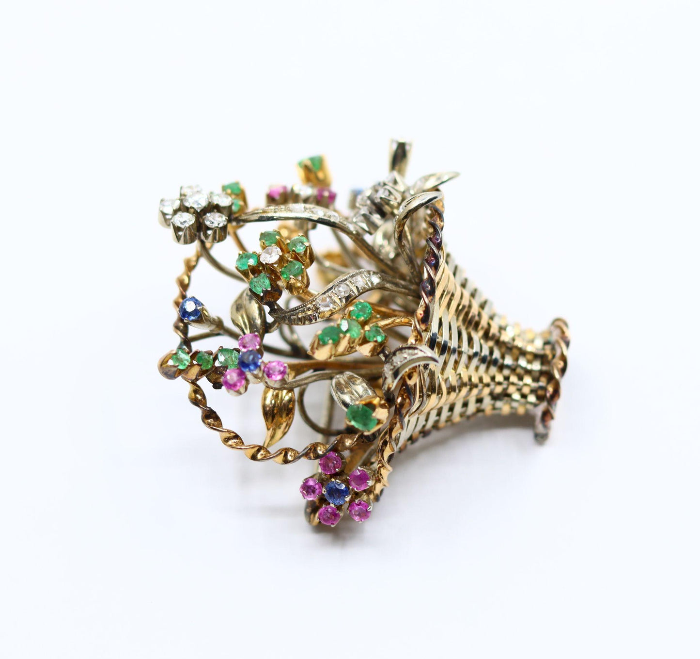 Vintage 18k Gold Diamond Sapphire Emerald Flower Basket Brooch