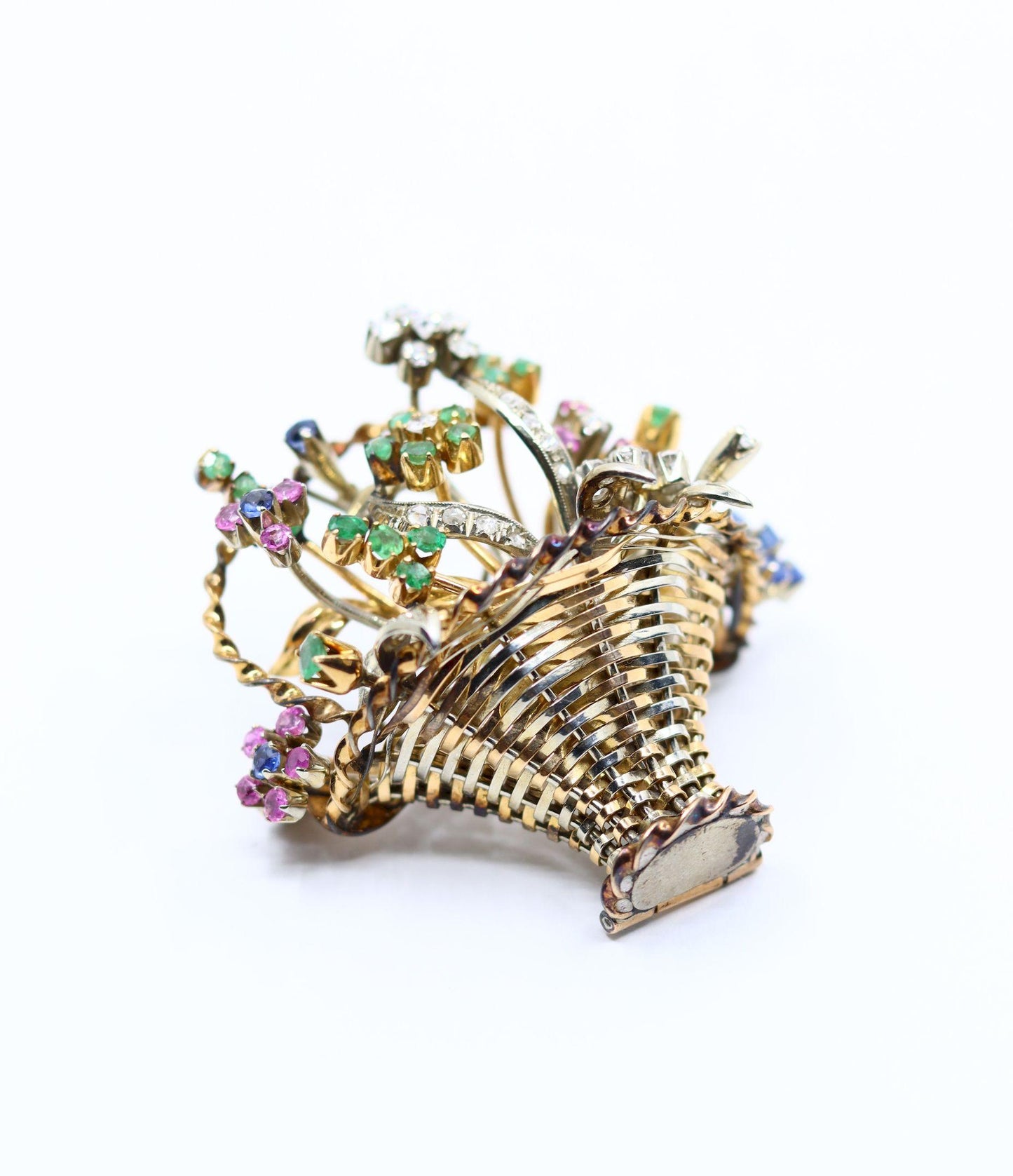 Vintage 18k Gold Diamond Sapphire Emerald Flower Basket Brooch