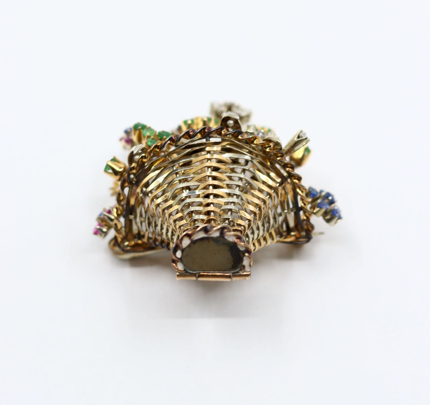 Vintage 18k Gold Diamond Sapphire Emerald Flower Basket Brooch