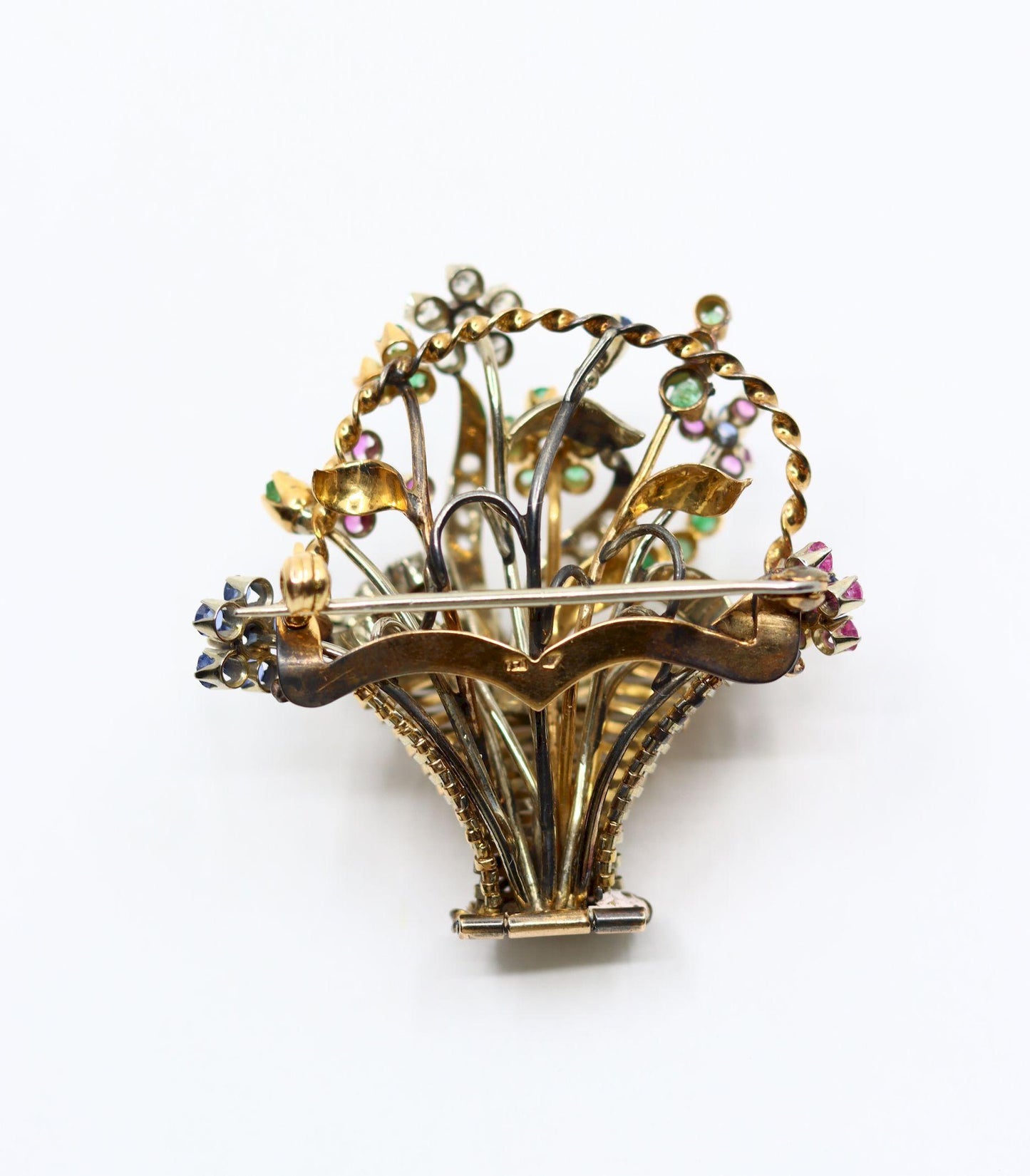 Vintage 18k Gold Diamond Sapphire Emerald Flower Basket Brooch