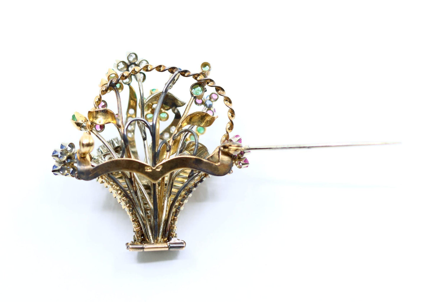 Vintage 18k Gold Diamond Sapphire Emerald Flower Basket Brooch