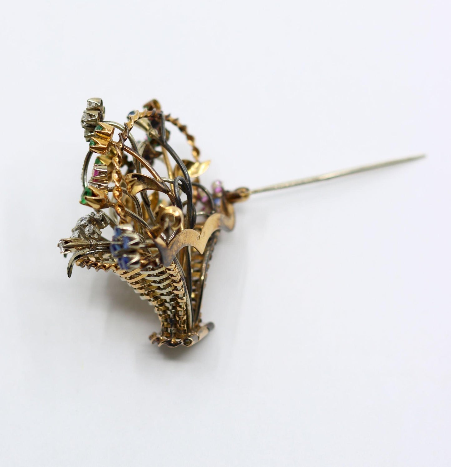 Vintage 18k Gold Diamond Sapphire Emerald Flower Basket Brooch