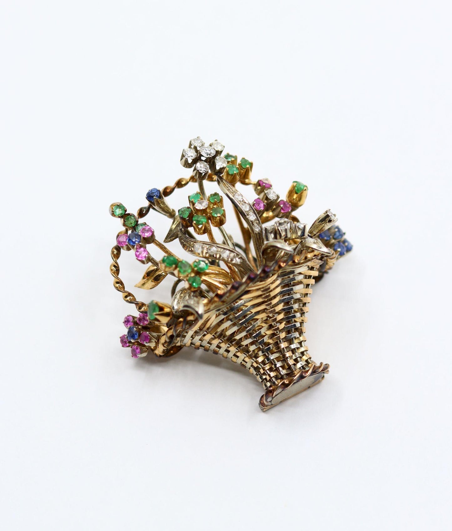 Vintage 18k Gold Diamond Sapphire Emerald Flower Basket Brooch