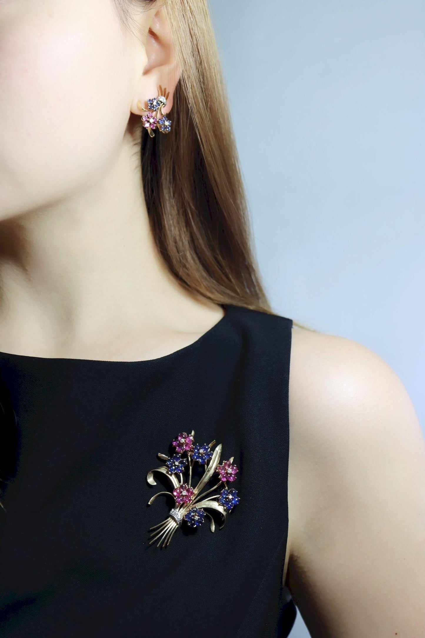 Retro 14K Gold Sapphire Diamond Flower Bouquet Earrings