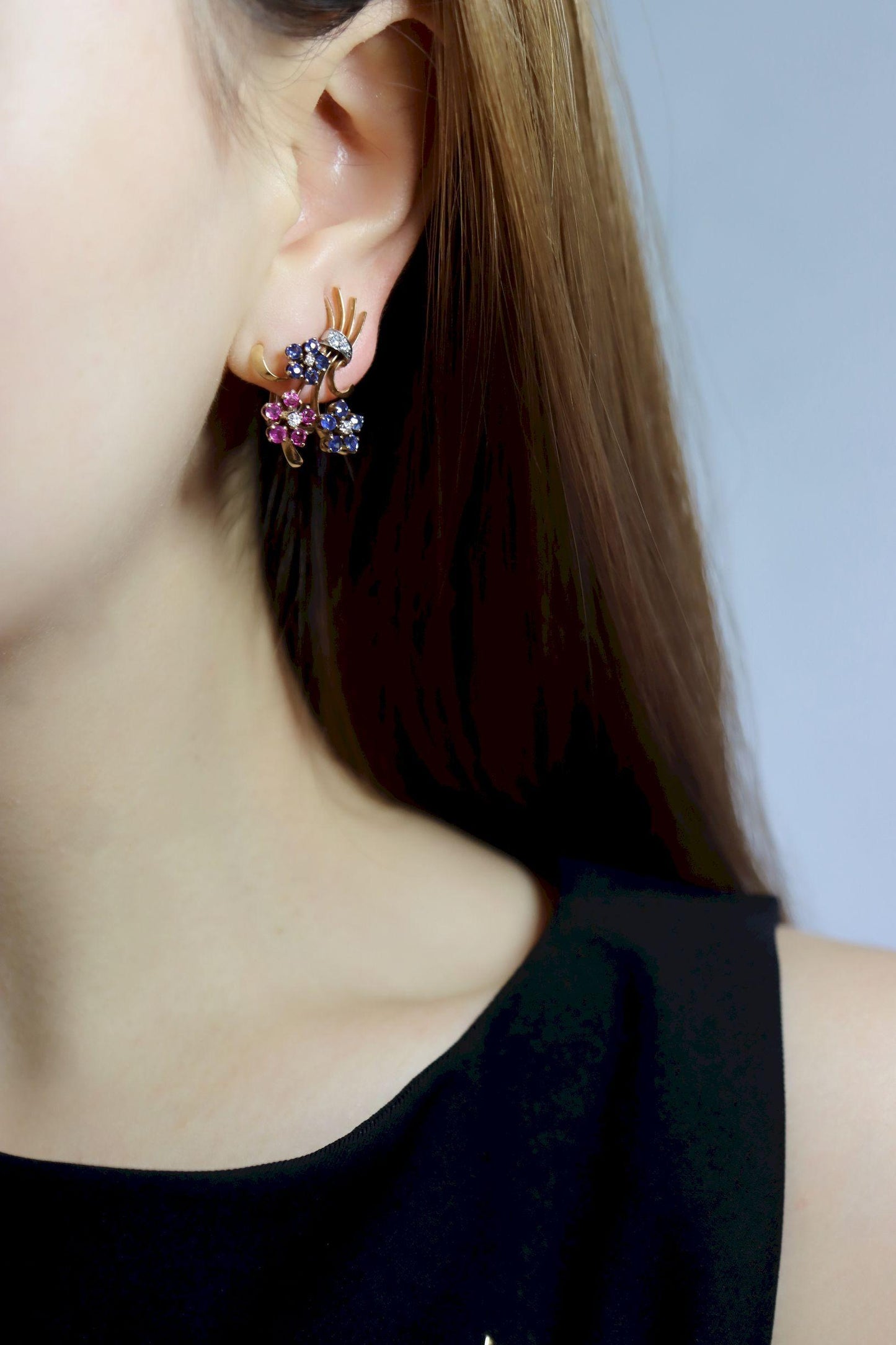 Retro 14K Gold Sapphire Diamond Flower Bouquet Earrings