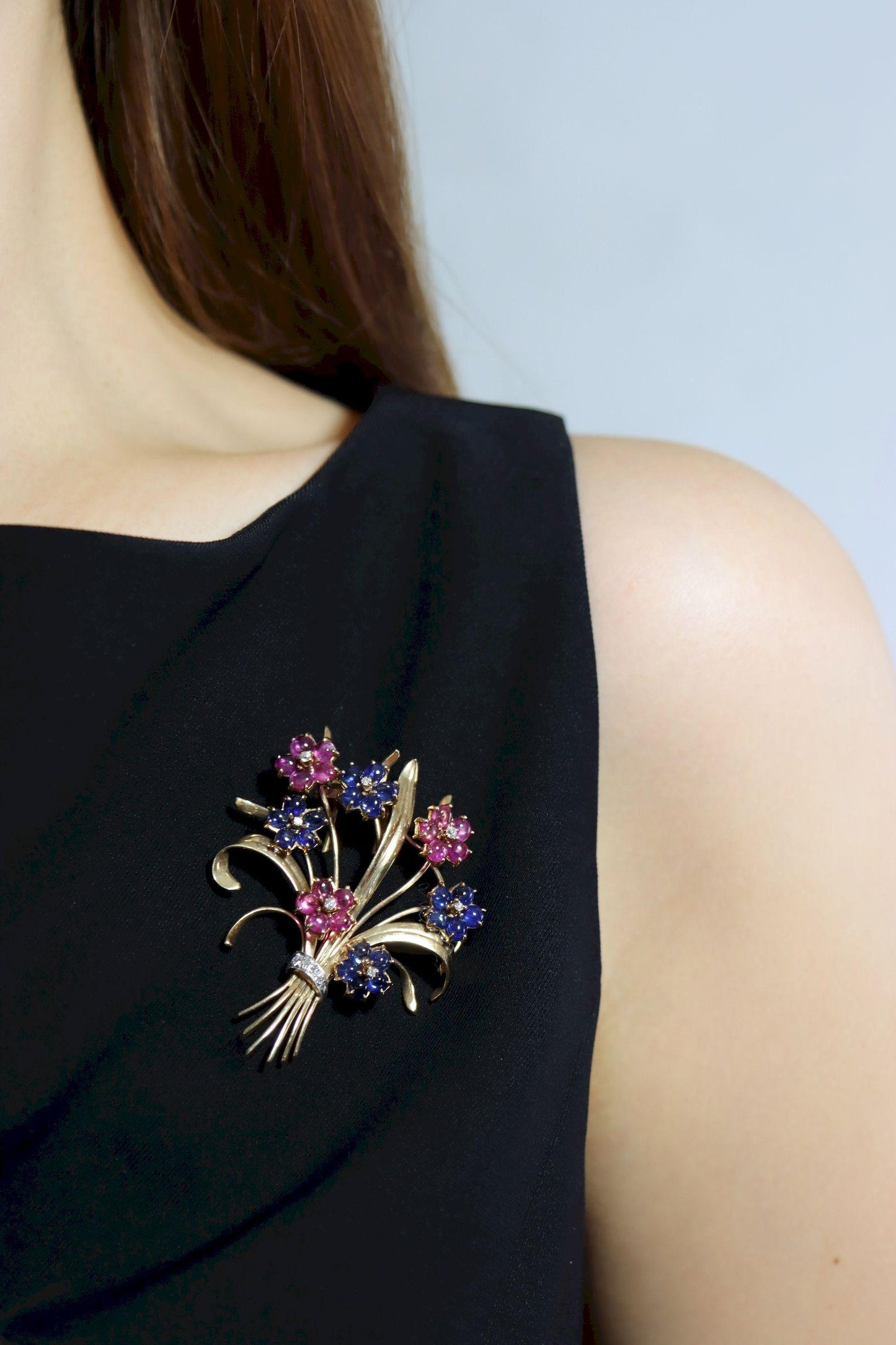 Retro 14K Gold Sapphire Diamond Flower Bouquet Brooch