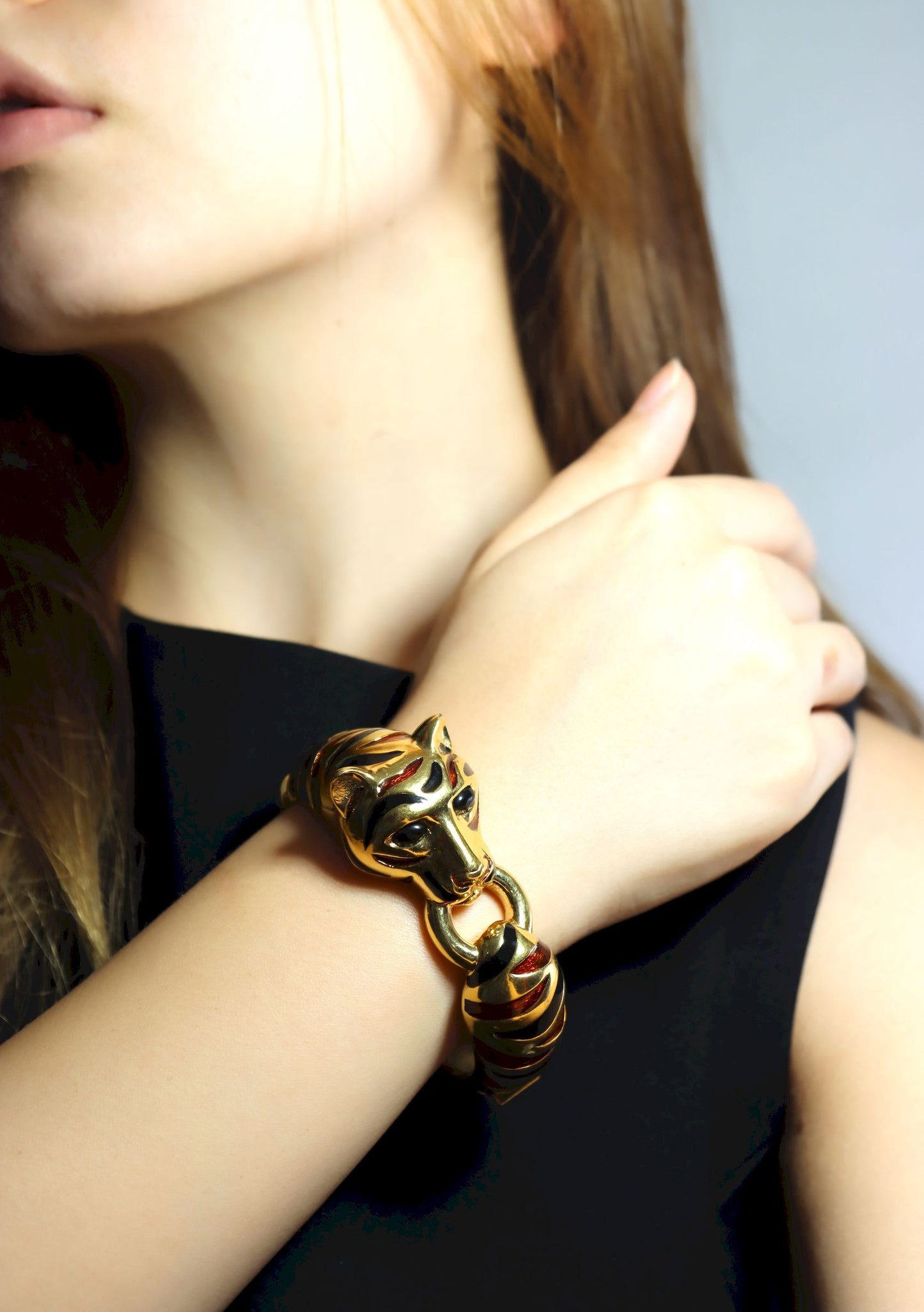 Vintage Ciner Gold Tone Enamel Tiger Bracelet