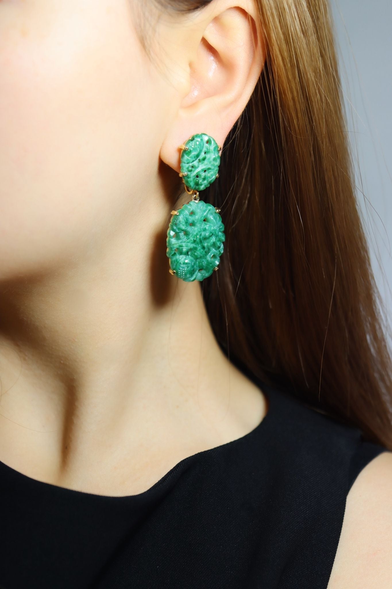 Vintage Marvel Gold Tone Engraved Faux Jade Earrings