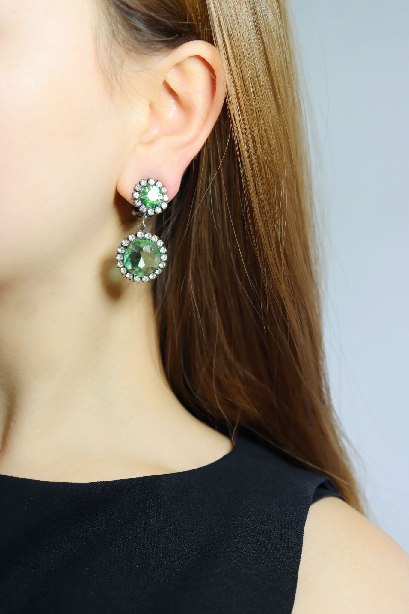 Vintage K.J.L Silver Tone Rhinestone Green Crystal Earrings