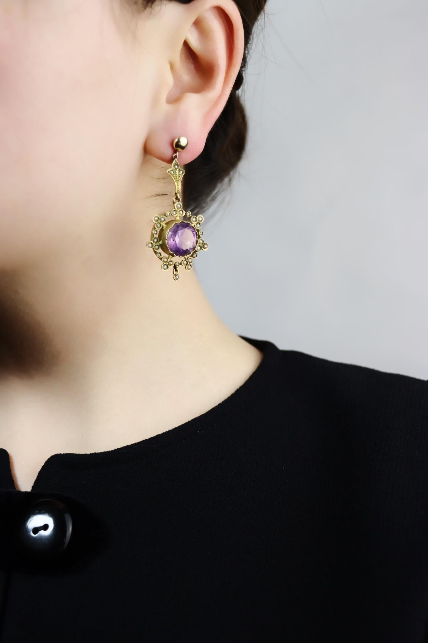 Antique 18K Gold Amethyst Pearl Drop Earring
