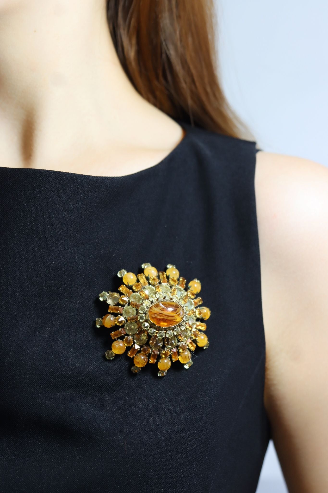 Vintage Schreiner Gold Tone Brown & Yellow Rhinestone Earrings & Brooch Set