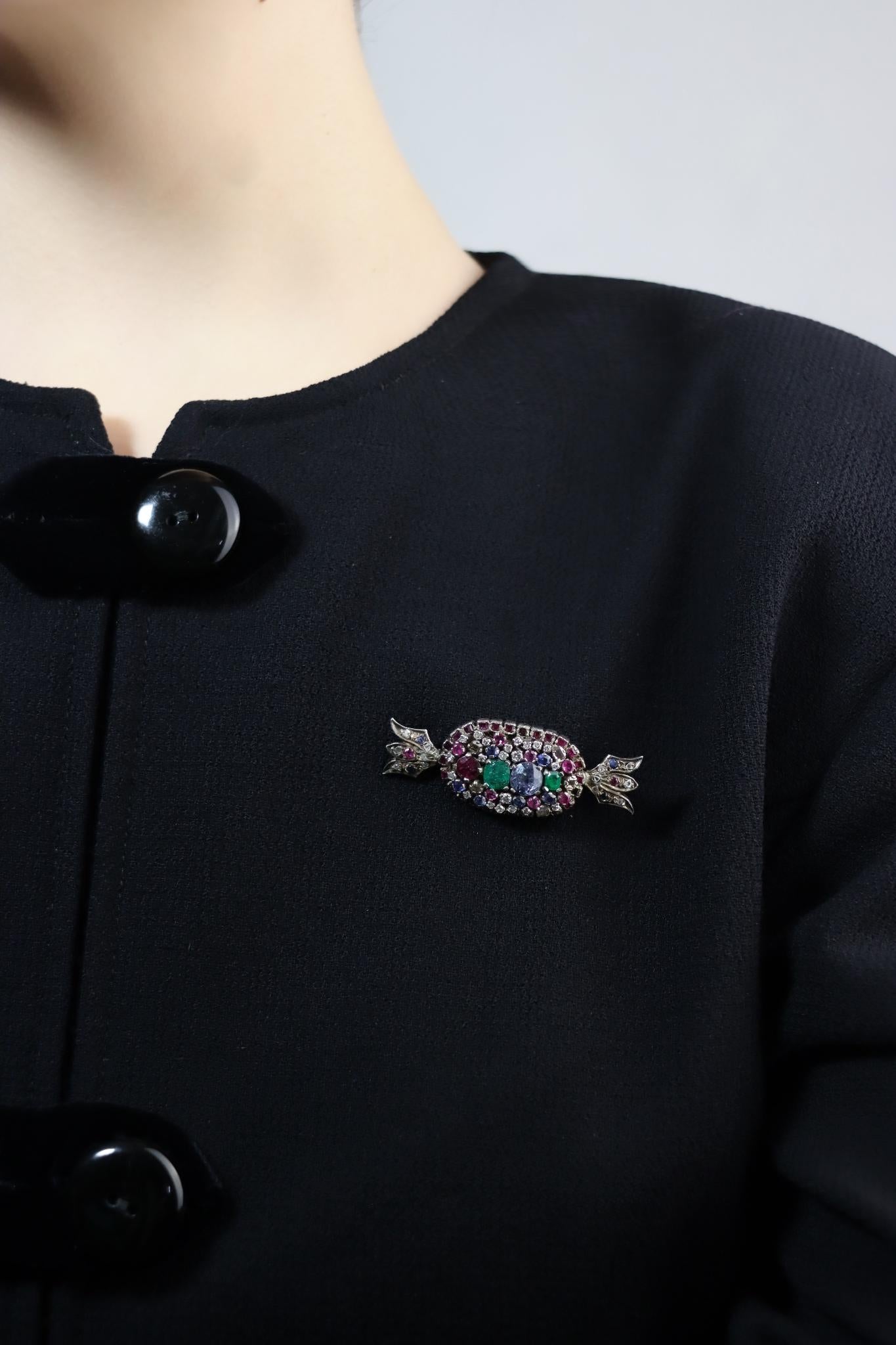 18K Gold & Silver Muti-Gem Candy Brooch