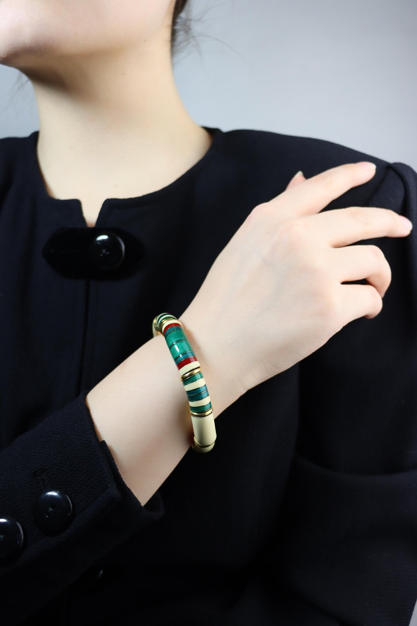 Vintage La Nouvelle Bague 18K Gold & Silver Green White Enamel Bracelet
