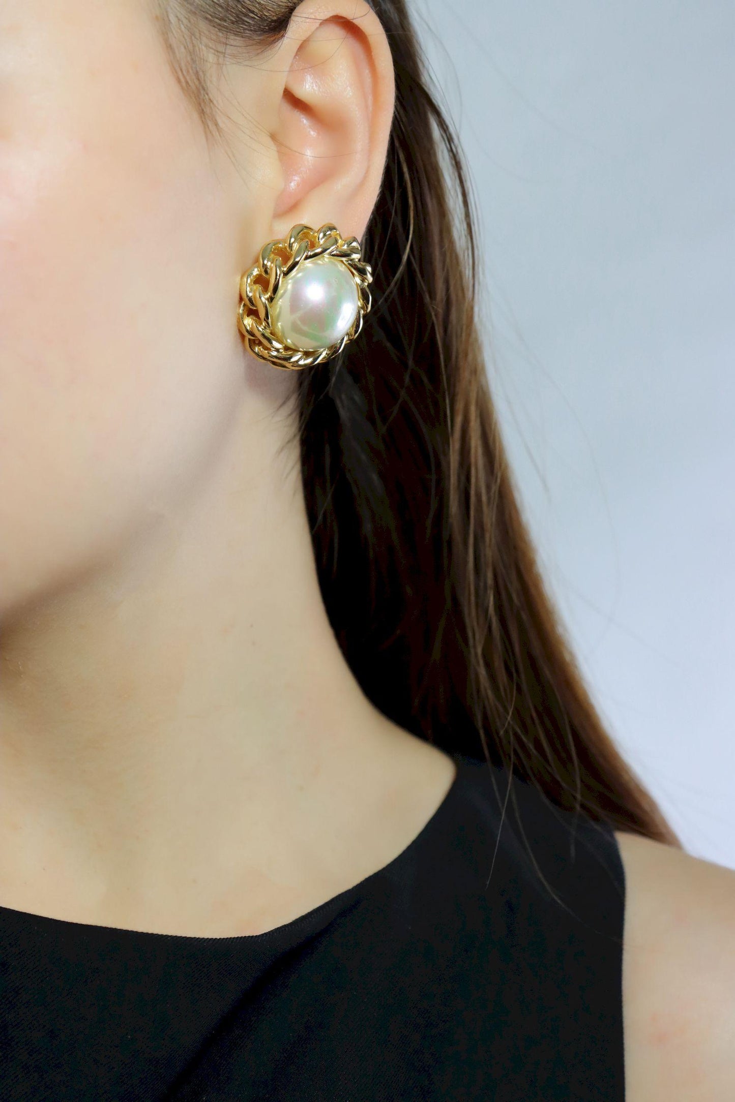 Vintage Christian Dior Gold Tone Round Dome Faux Pearl Earring
