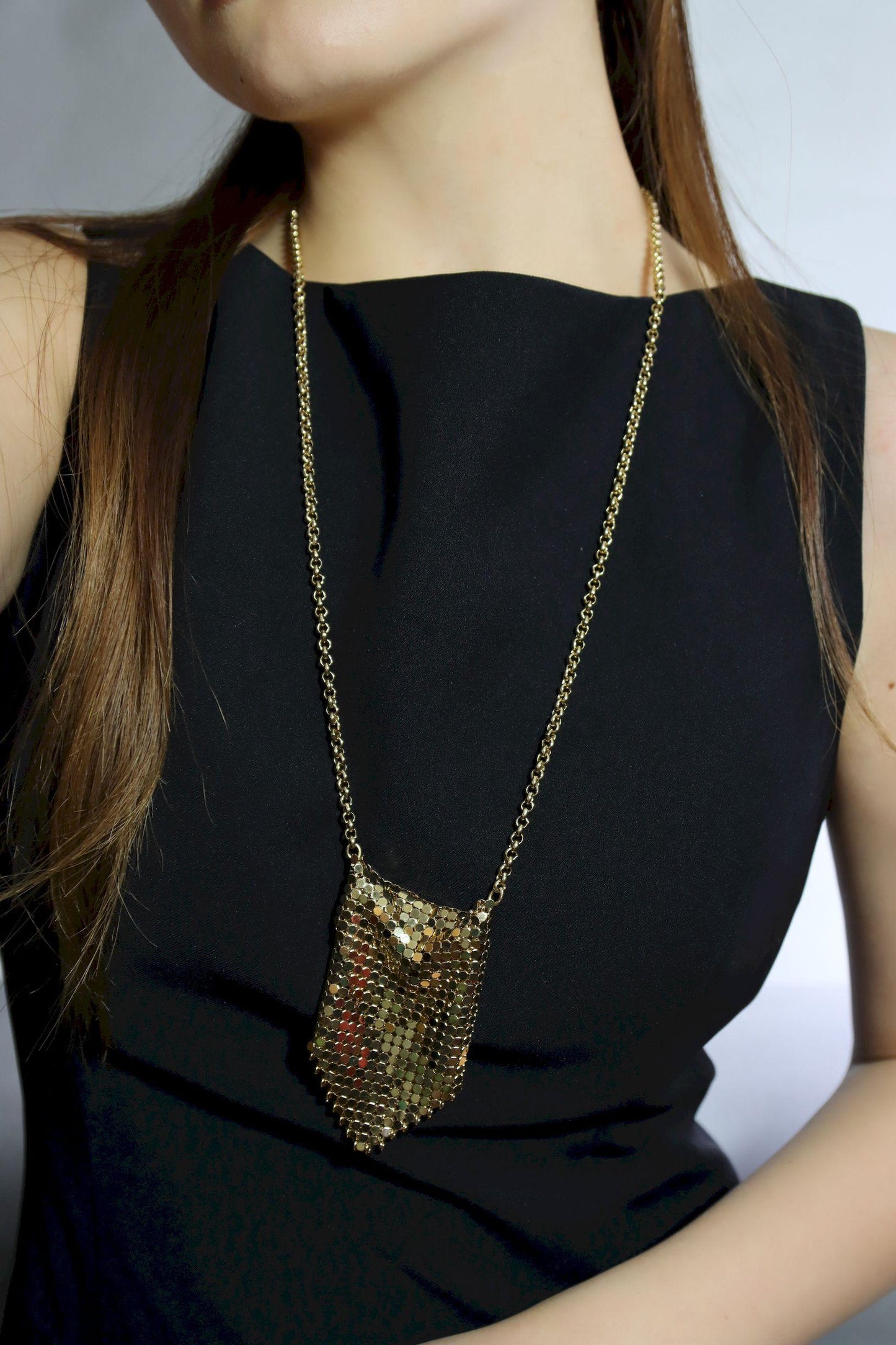 Vintage Paco Rabanne Gold Tone Chainmail Mini Purse Necklace