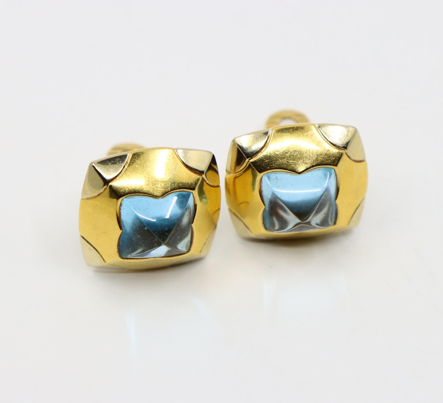 Bulgari Roma Pyramid 18K Gold Blue Topaz Earring
