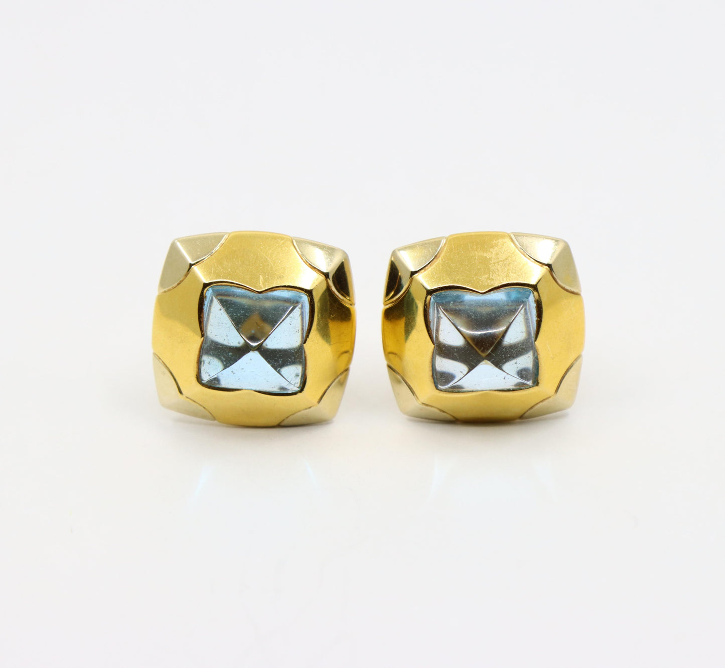 Bulgari Roma Pyramid 18K Gold Blue Topaz Earring
