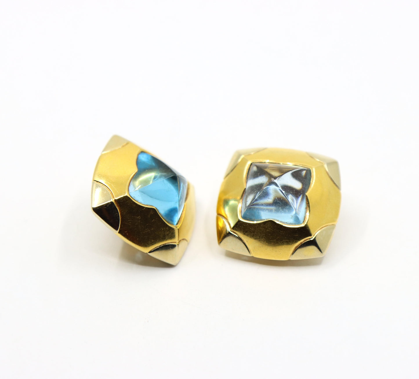 Bulgari Roma Pyramid 18K Gold Blue Topaz Earring