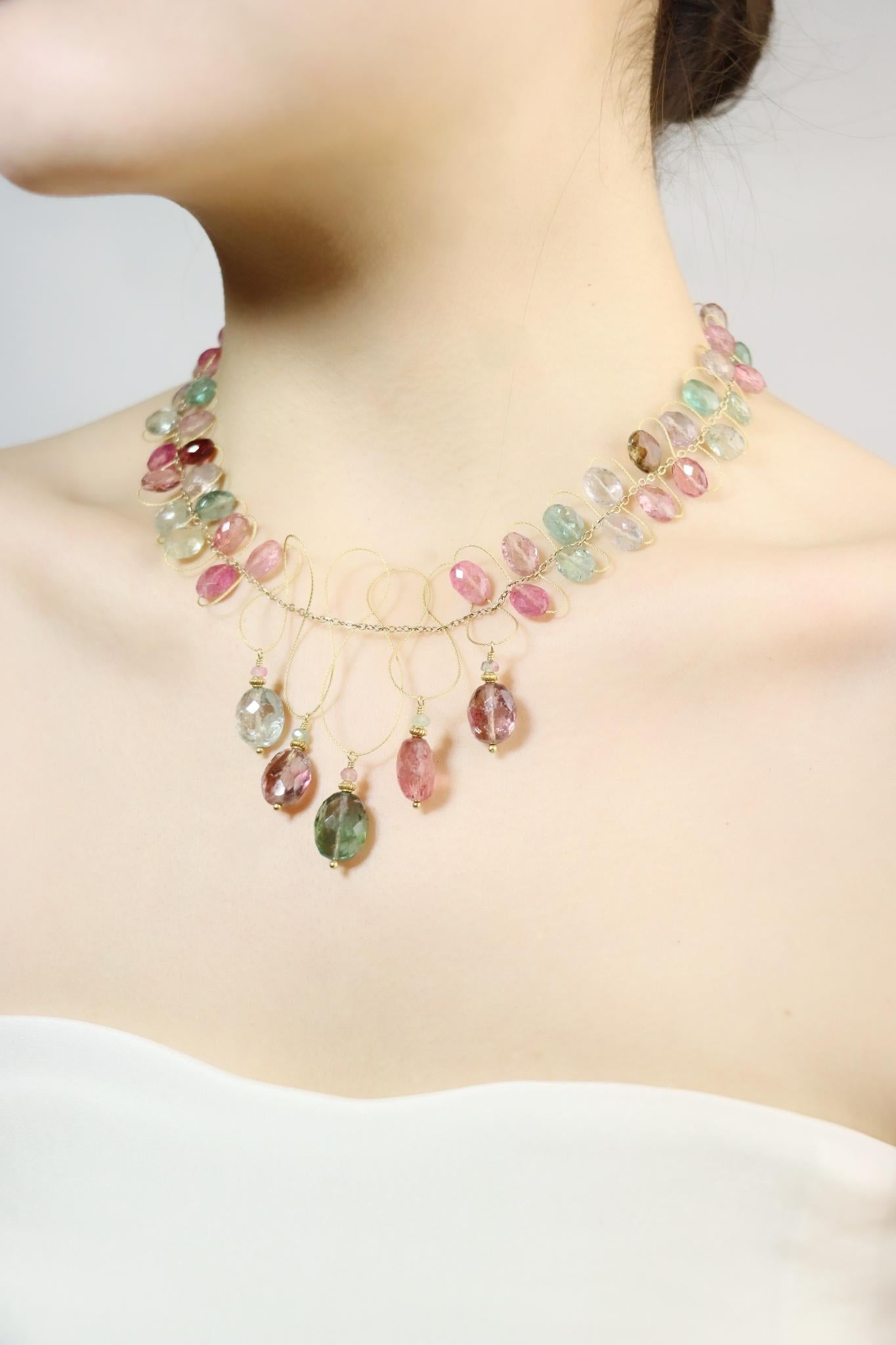 18K Gold Multi-Color Crystal Beads Necklace