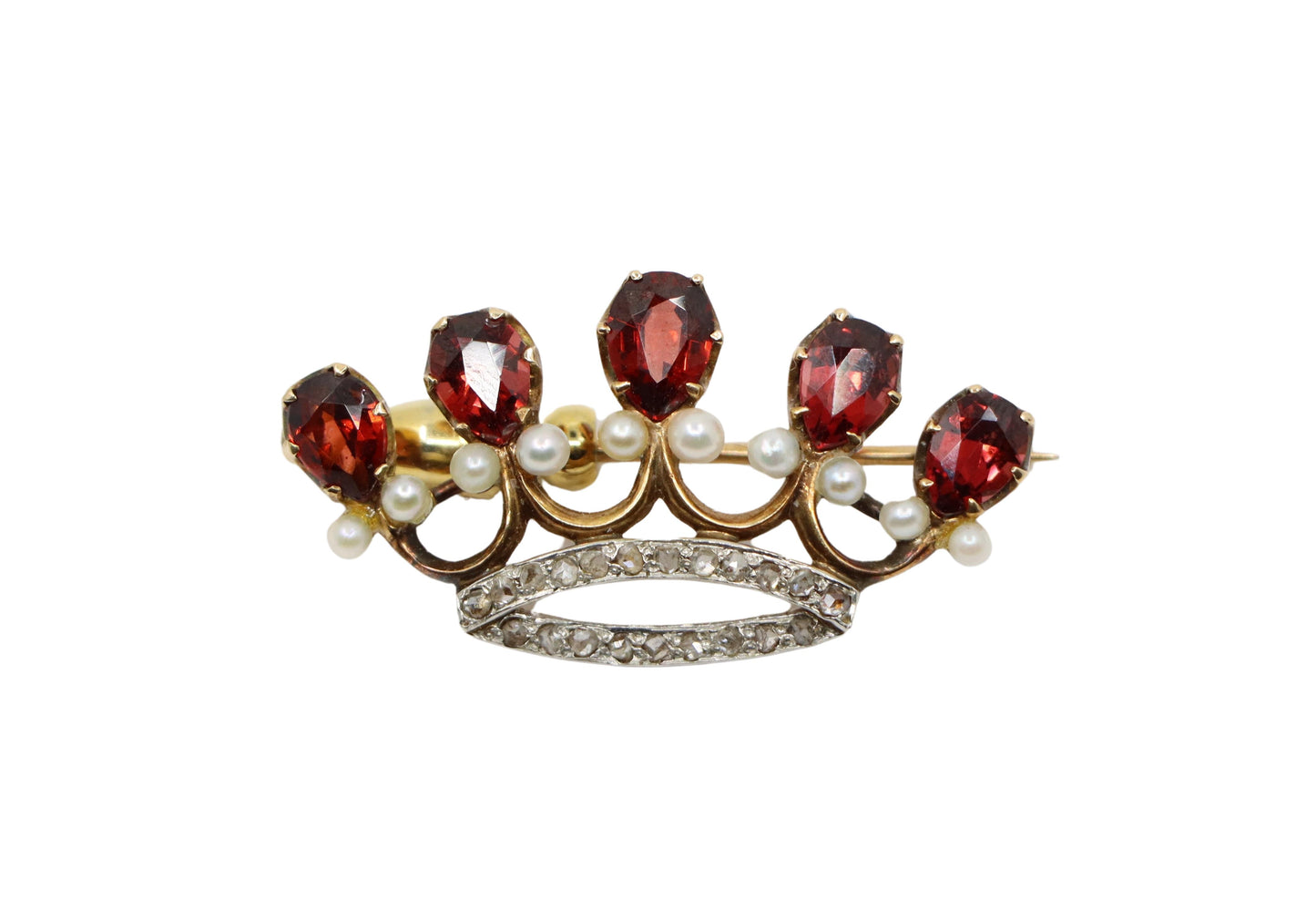 14K Gold Madeira Citrine Pearl Crown Brooch Pin
