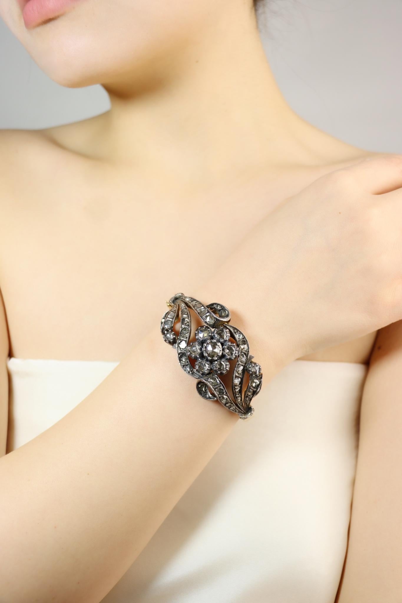 Antique 14K Gold & Silver Rose Cut Diamond Bracelet