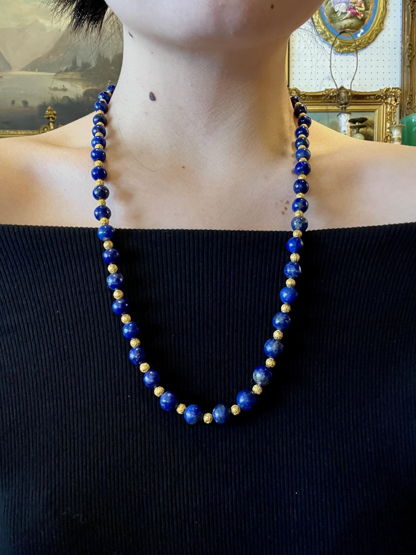 Vintage 14K Gold Lapis Beads Necklace