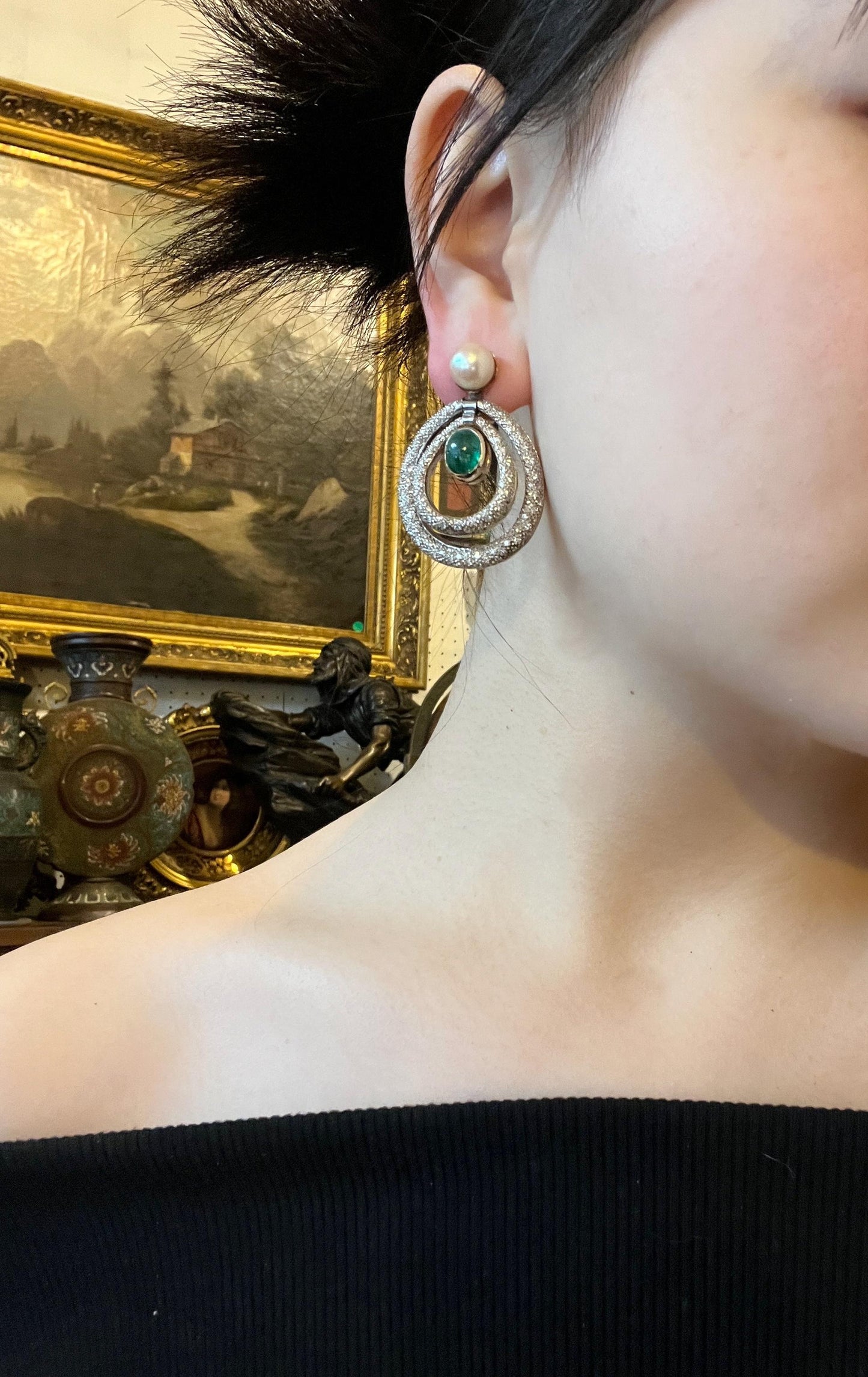 14K Gold Emerald Pearl Diamonds Earring