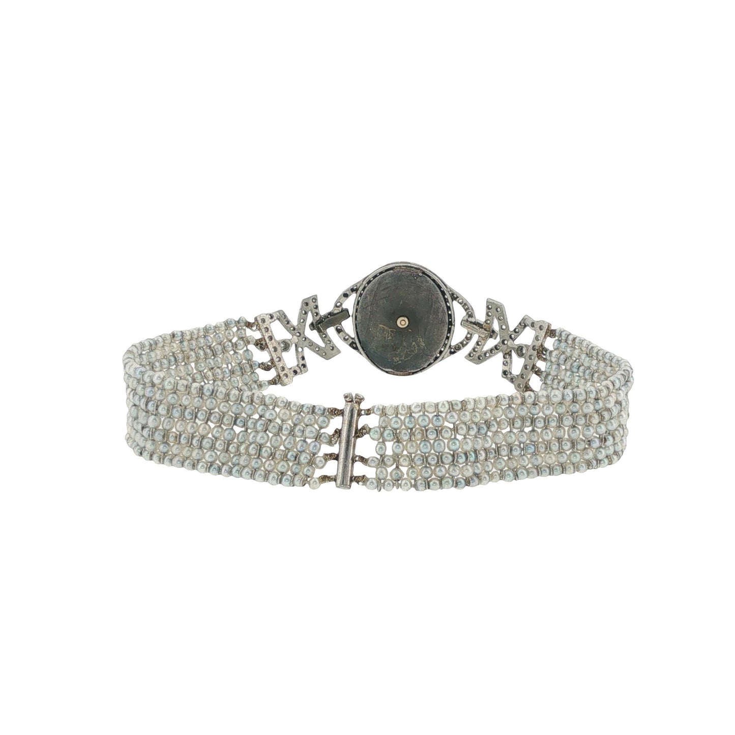 Art Deco Platinum Guilloché Enamel, Diamond & Seed Pearl Bracelet