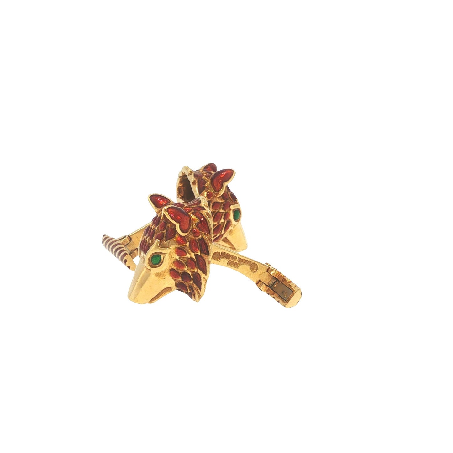 David Webb 18K Gold Red Enamel Wolf Head Cufflinks
