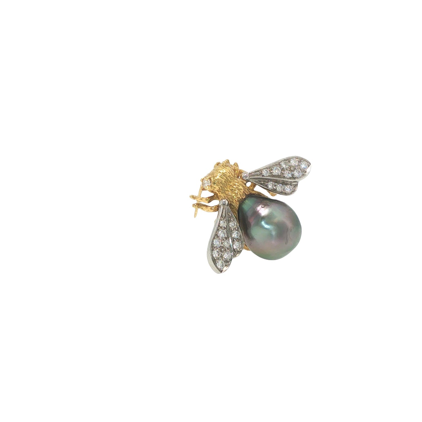 18K Gold, Platinum, Diamond & Tahitian Pearl Winged Insect Brooc