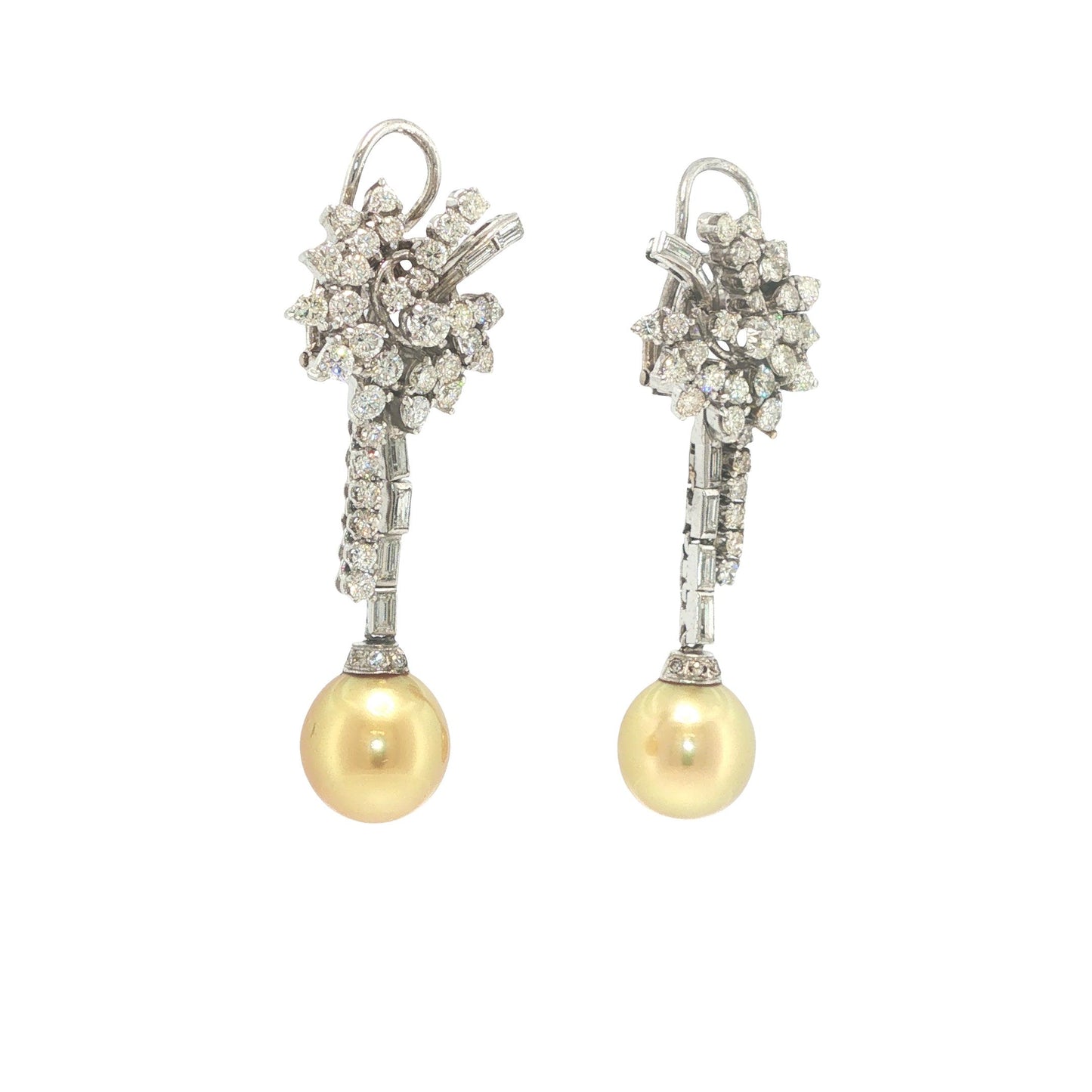 Platinum Golden Pearl and Diamond Floral Drop Earrings