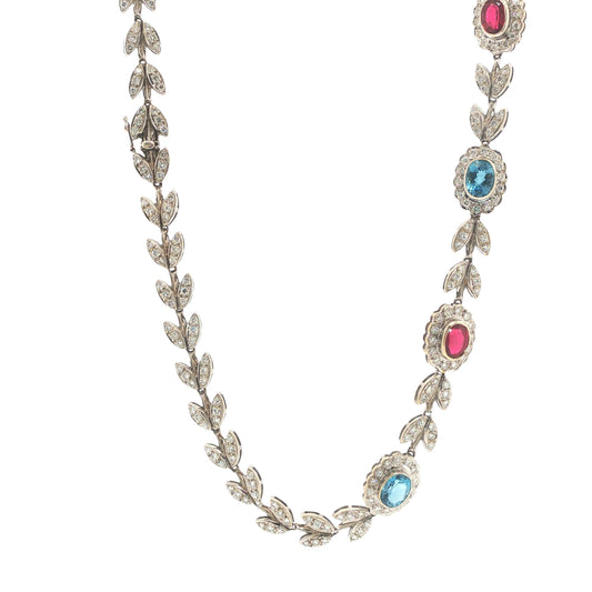 Italian 18K White Gold Diamond, Multi Gemstone Foliate Necklace