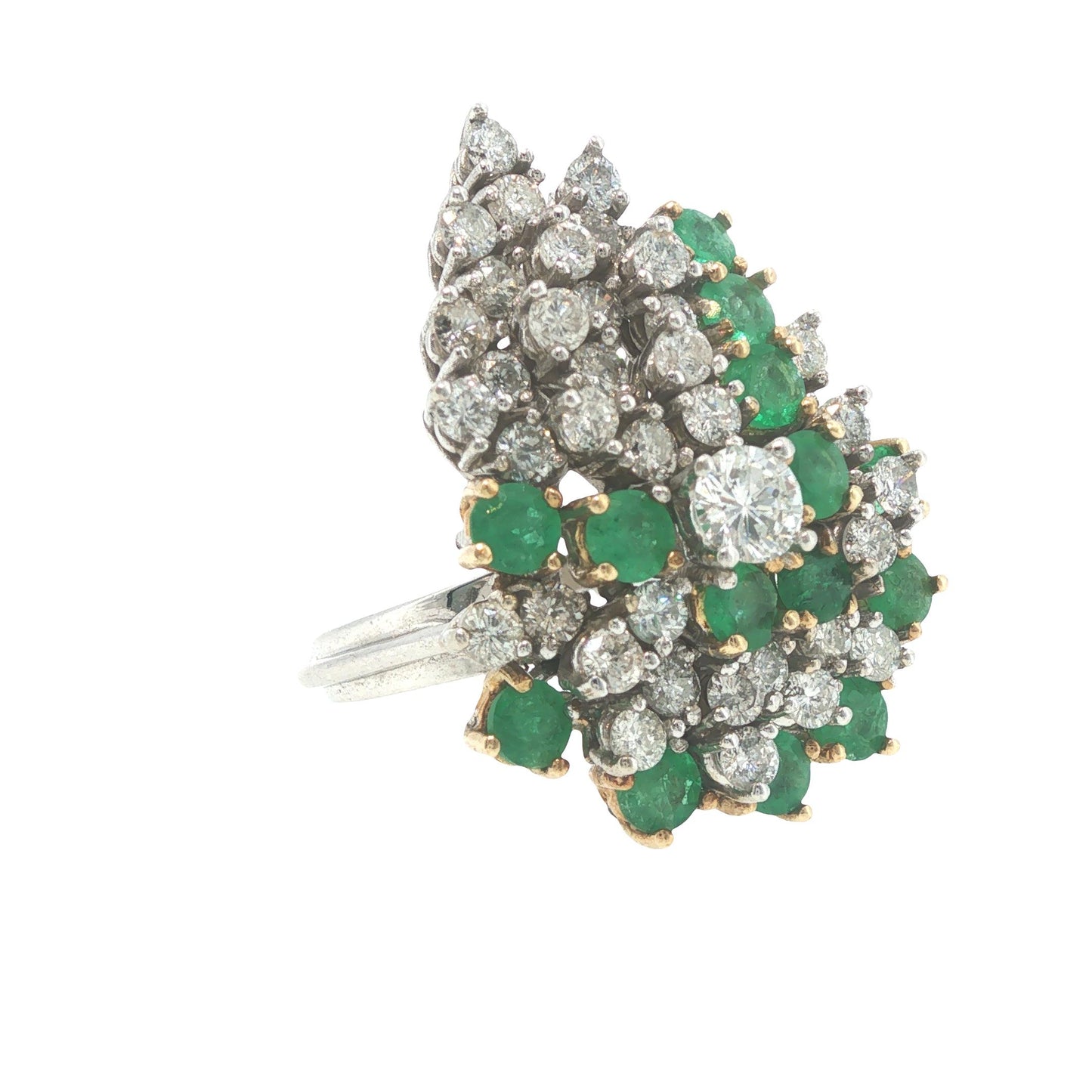 18K White Gold Emerald & Diamond Cluster Cocktail Ring