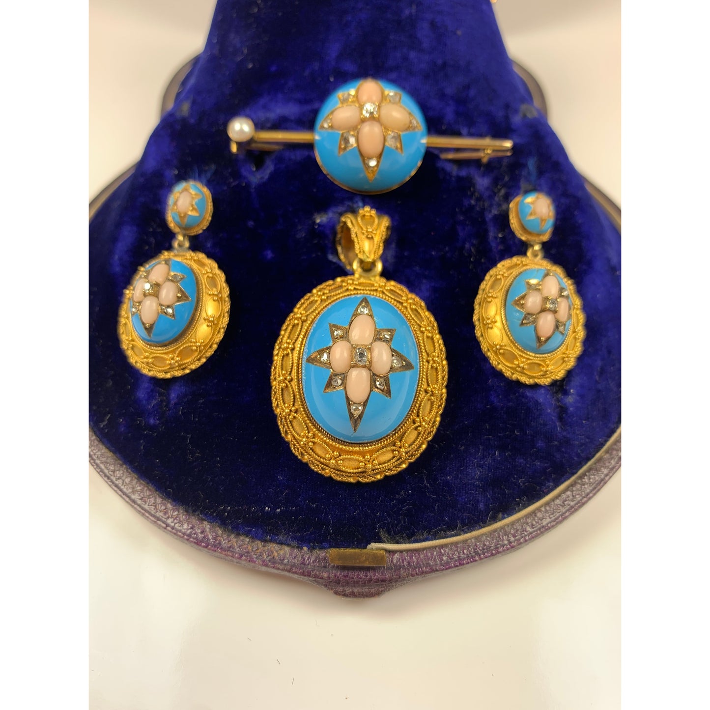 Victorian 14 kt Gold Turquoise Coral Diamond Jewelry