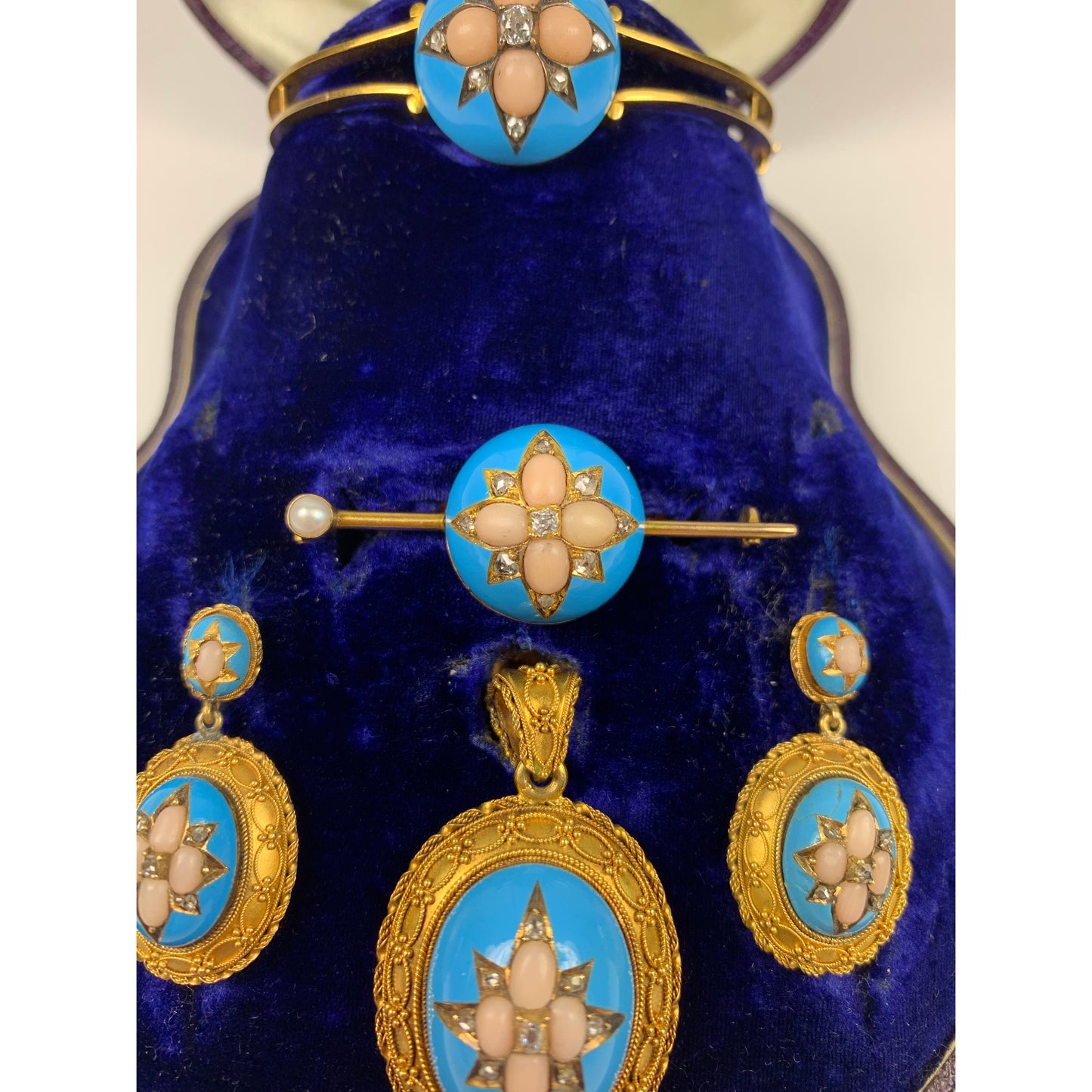 Victorian 14 kt Gold Turquoise Coral Diamond Jewelry