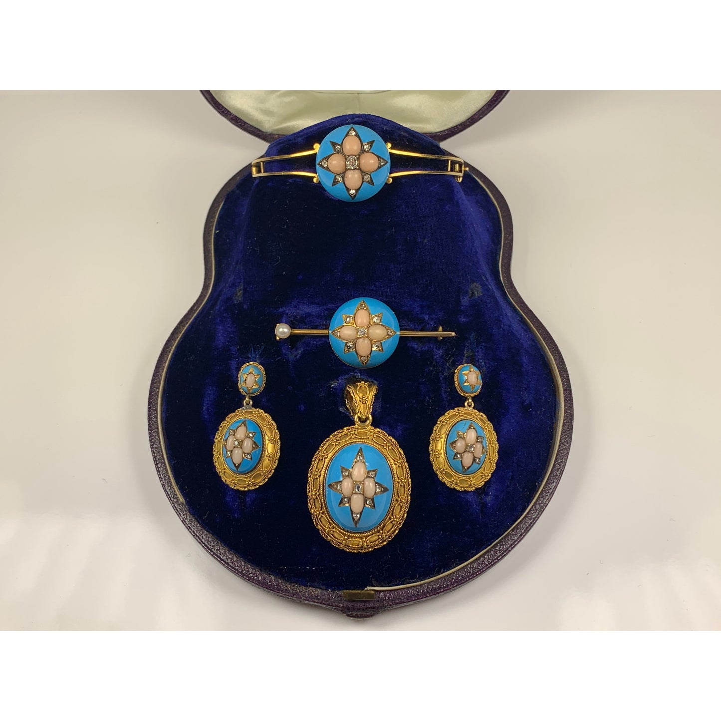 Victorian 14 kt Gold Turquoise Coral Diamond Jewelry
