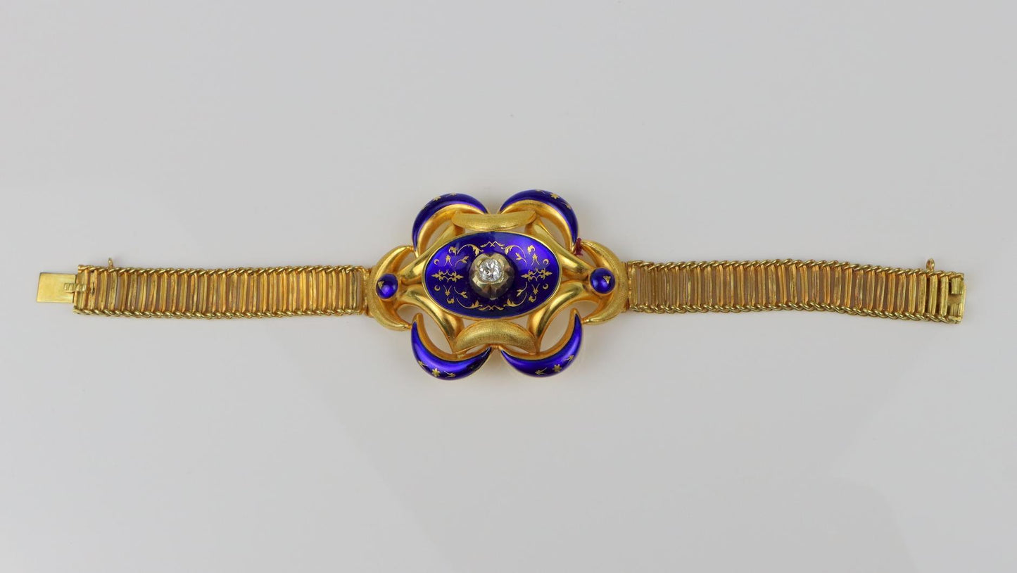 Antique 18K Gold Enamel Diamond Bracelet